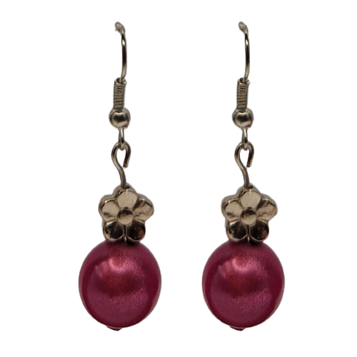 Oorbellen met roze parel en zilverkleurige bedel - bloem