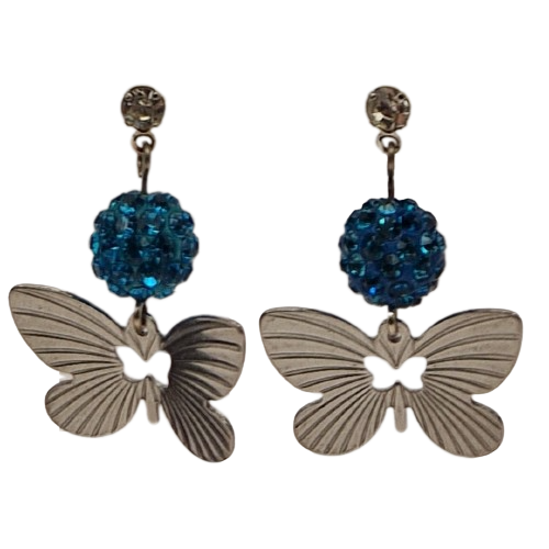 Oorbellen met blauwe parel, blauwe glaskristallen en bedeltje - vlinder