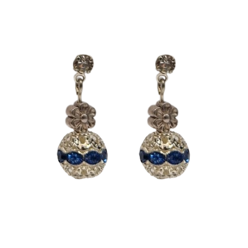 Oorbellen met metalen parel, blauwe glaskristallen - bloem