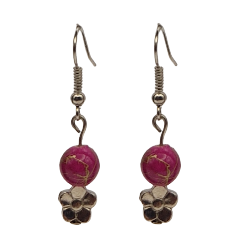 Oorbellen met roze parel en bedel - bloem