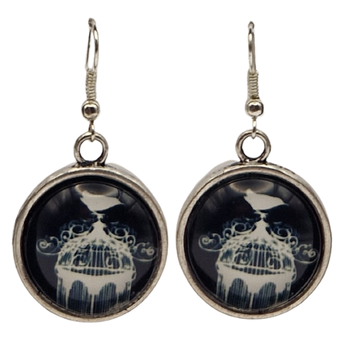 Ronde oorbellen met glaasje, vogel en vogelkooi