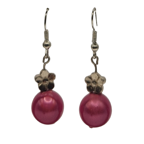 Oorbellen met roze parel en bedel - bloem