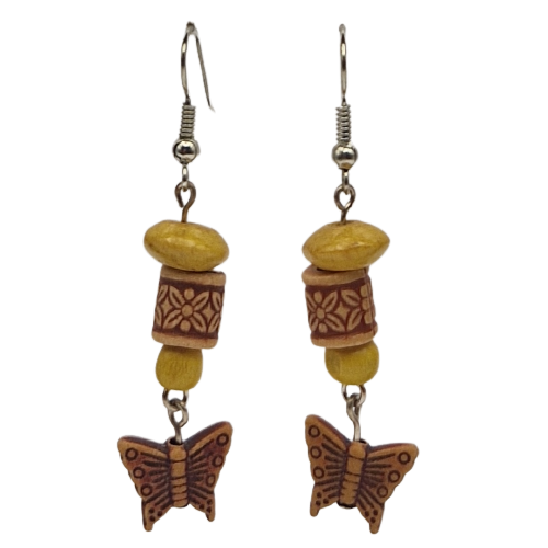 Oorbellen met bruine en gele houtkralen - vlinder