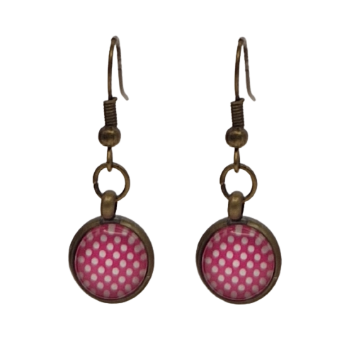 Bronskleurige oorbellen - rood met witte stippen