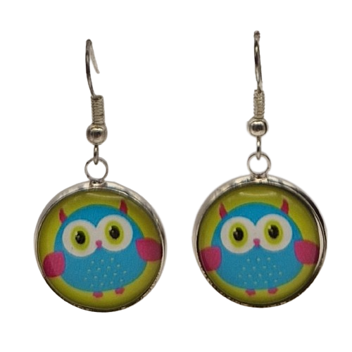 Ronde oorbellen met glaasje, uil