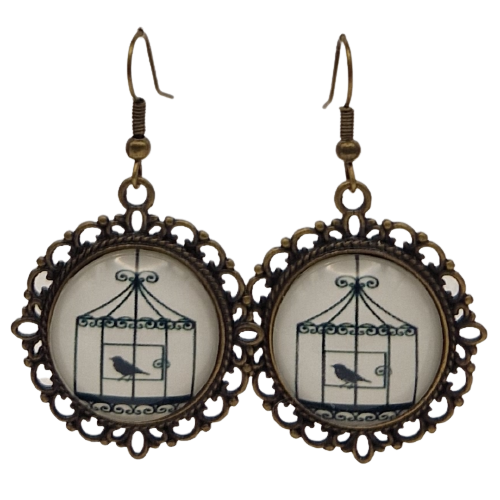 Ronde oorbellen met glaasje, vogel in vogelkooi