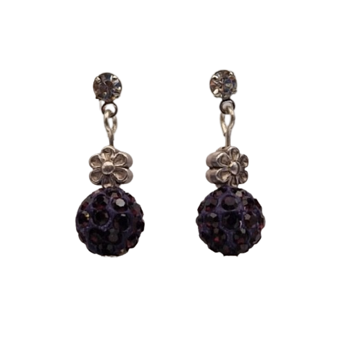 Oorbellen met paarse parel met kristallen en bedeltje - bloem