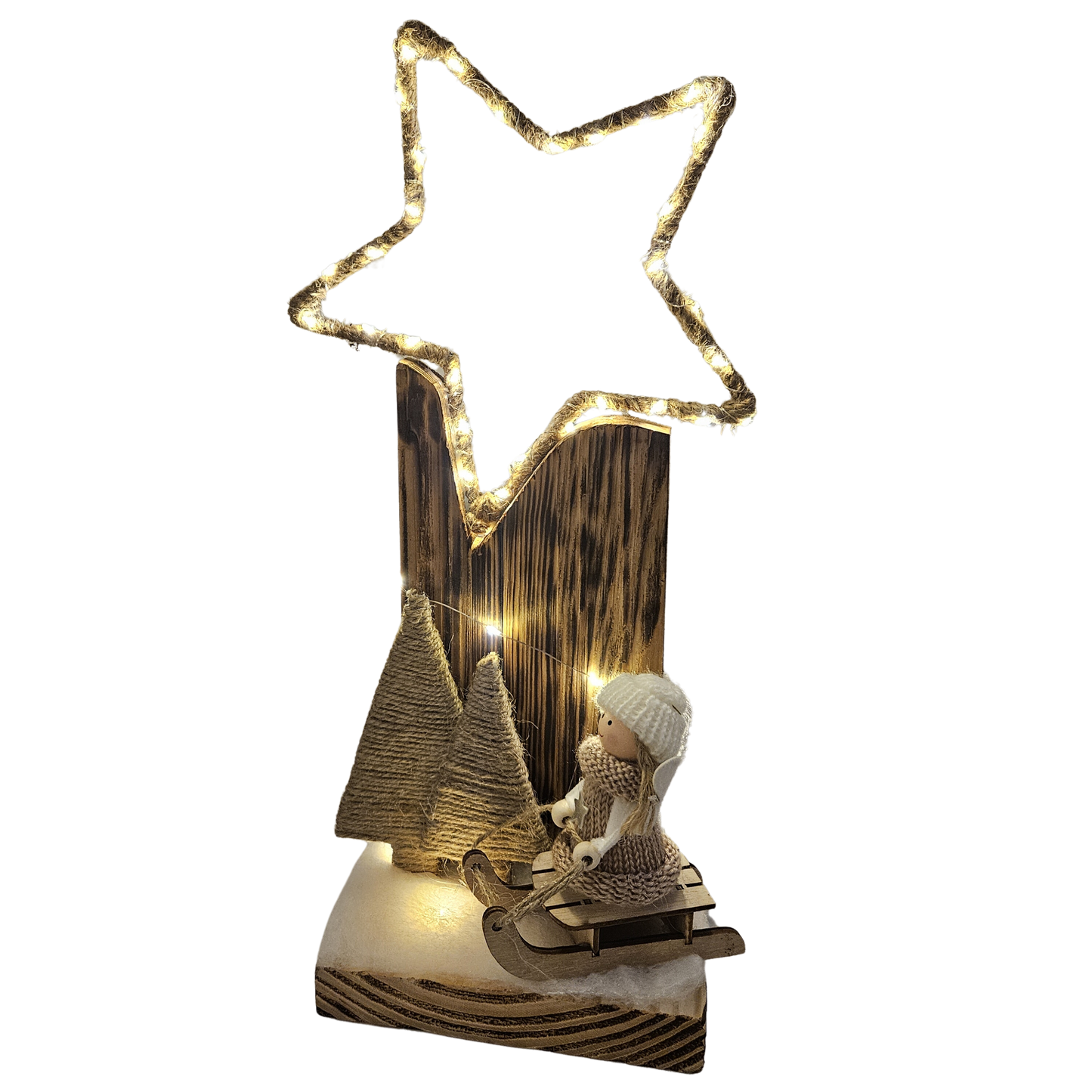 Kerstdecoratie met lampjes - grote ster, beige elf op slee