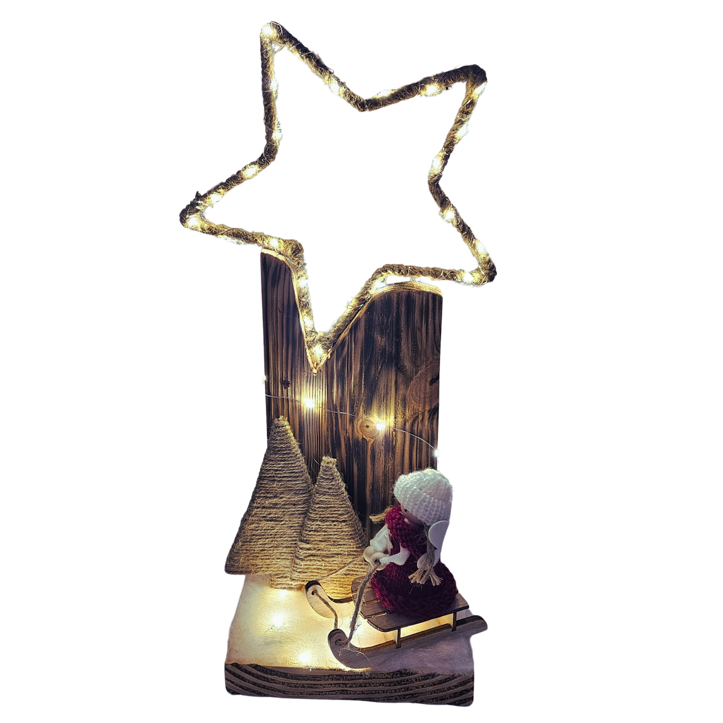 Kerstdecoratie met lampjes - grote ster, rode elf op slee