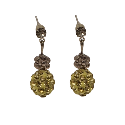 Oorbellen met gele parel, gele glaskristallen en bedeltje - bloem