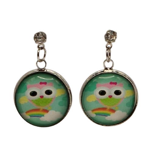 Ronde oorbellen met glaasje, uil en regenboog