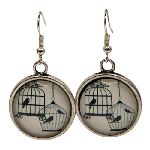 Ronde oorbellen met glaasje, vogel in vogelkooi