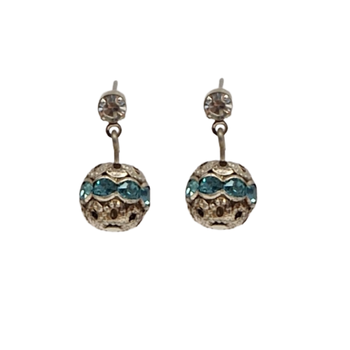 Oorbellen met metalen parel met lichtblauwe kristallen