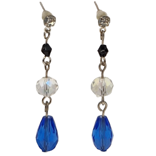Lange oorbellen met blauwe, witte en zwarte glasparels