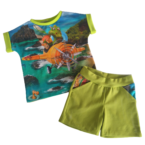 T-shirt en korte broek, set - peuter - dino/vliegtuig - maat 86 (18 maand)