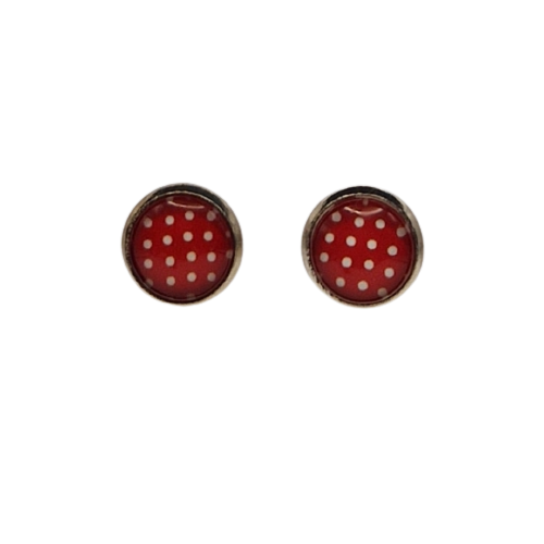 Ronde oorbellen met glaasje, rood met witte stippen