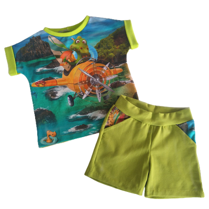 T-shirt en korte broek, set - peuter - dino/vliegtuig - maat 86 (18 maand)